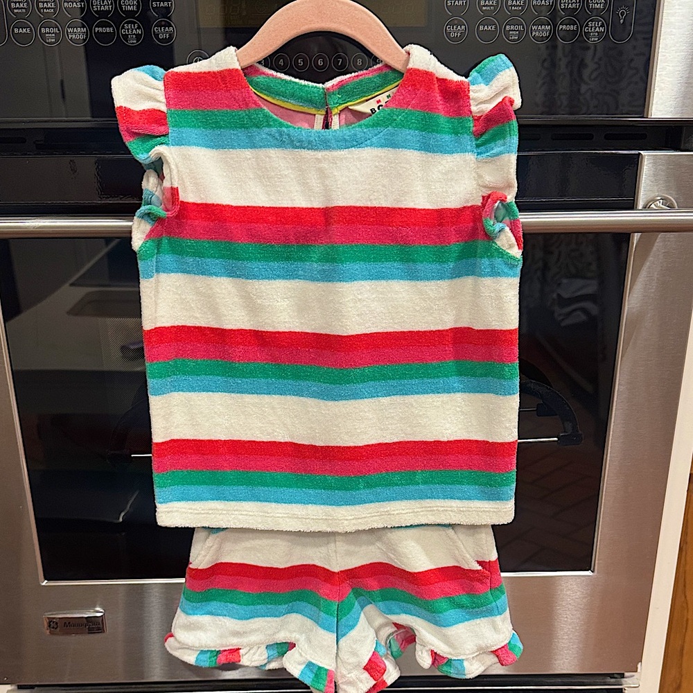 Mini Boden - Kids’ Stripe Terry Cloth Ruffle Top & Matching Short Set - Size: 5